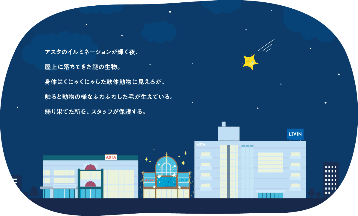 アスタのイルミネーションが輝く夜、屋上に落ちてきた謎の生物。身体はくにゃくにゃした軟体動物に見えるが、触ると動物の様なふわふわした毛が生えている。弱り果てた所を、スタッフが保護する。