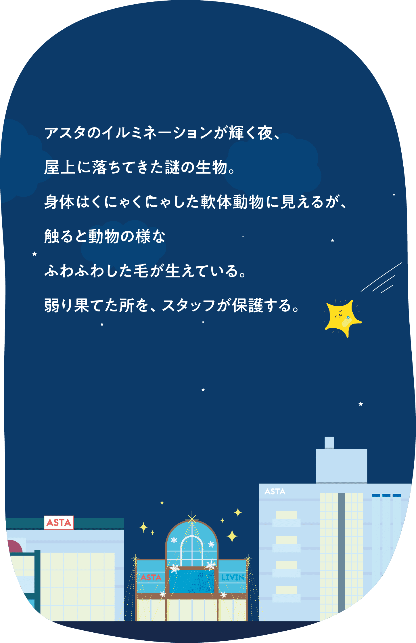 アスタのイルミネーションが輝く夜、屋上に落ちてきた謎の生物。身体はくにゃくにゃした軟体動物に見えるが、触ると動物の様なふわふわした毛が生えている。弱り果てた所を、スタッフが保護する。